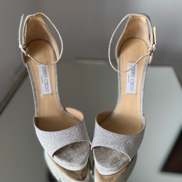 EUC Jimmy Choo Max 150 Metallic Silver Glitter Fabric Platform Stiletto Sandals - Picture 9 of 15